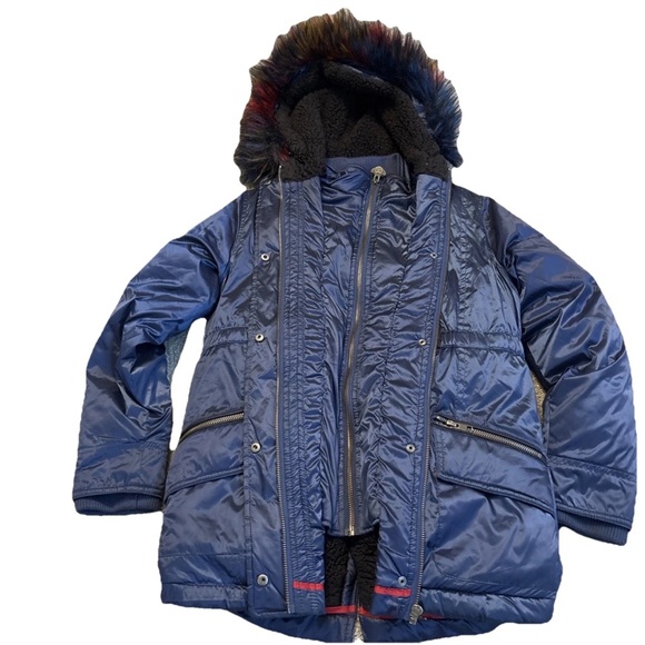 Appaman Other - Appaman Girls Blue Shiny Middie Puffer Coat  W/colorful Faux Fur Hood Size 12